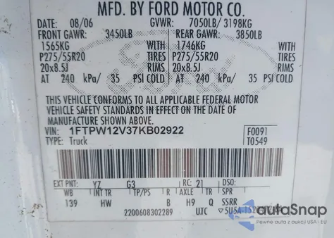 2007 Ford F-150 Lariat/Xlt from USA, damaged, VIN 1FTPW12V37KB02922
